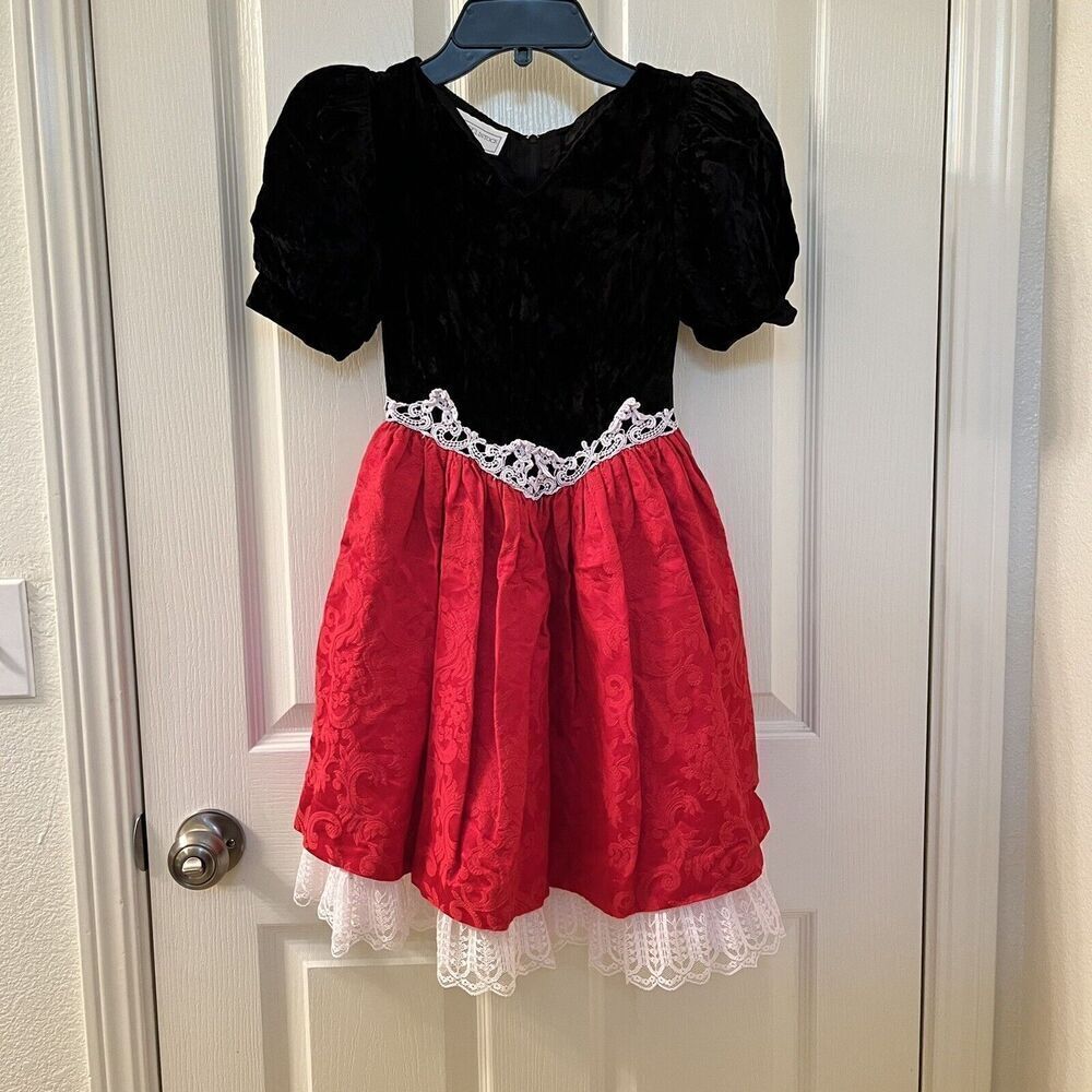 Vintage Jessica McClintock Gunne Sax Red Brocade Black Velvet Dress Girls Size 7